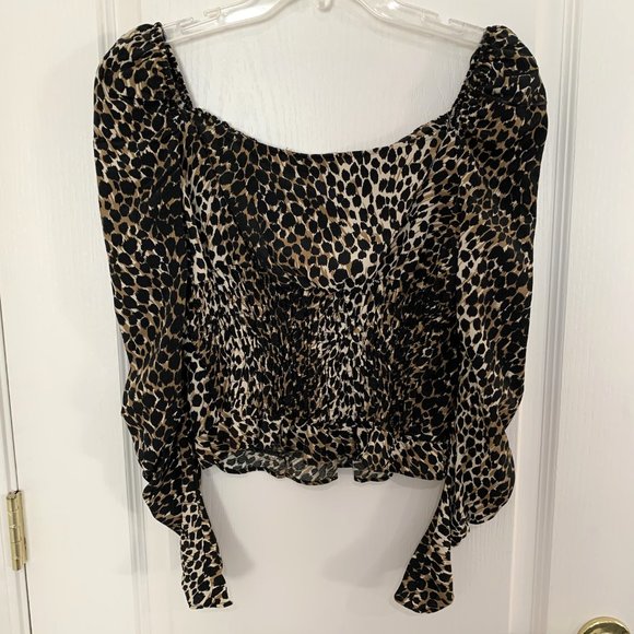 Topshop Leopard Prairie Ruffle Top Ruched Peasant Blouse Puff Shoulder Size 6 - Picture 6 of 6
